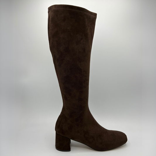 Right facing view of a brown suede tall boot with a wrapped heel