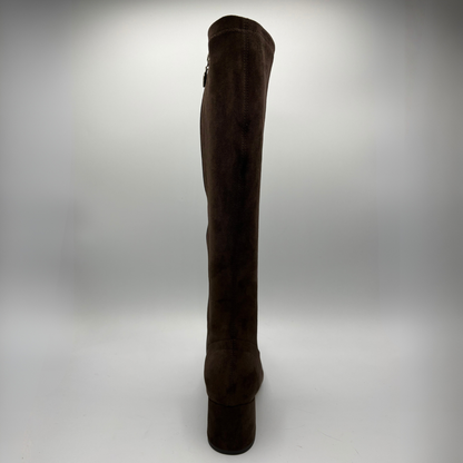 Back view of a brown suede tall boot with a wrapped heel