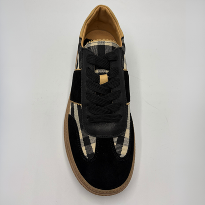 Top facing view of a plaid sneaker with a gum outsole
