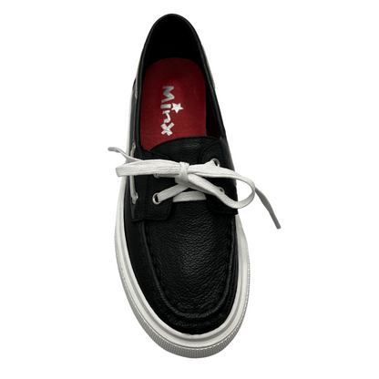 Top view of a black leather boat shoe with white rubber platform outsole and white laces