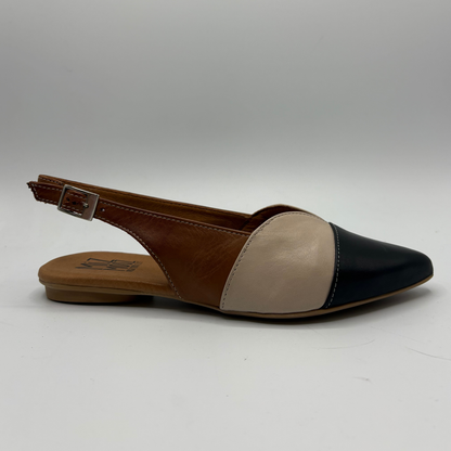 Right facing view of a pointy toe flat shoe with a sling back strap