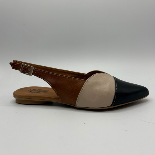 Right facing view of a pointy toe flat shoe with a sling back strap