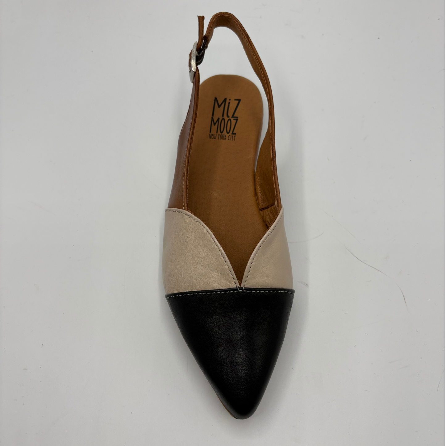 Top view of a pointy toe flat shoe with a sling back strap