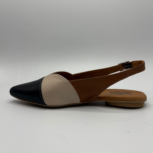 Left facing view of a pointy toe flat shoe with a sling back strap