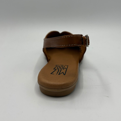 Back view of a pointy toe flat shoe with a sling back strap