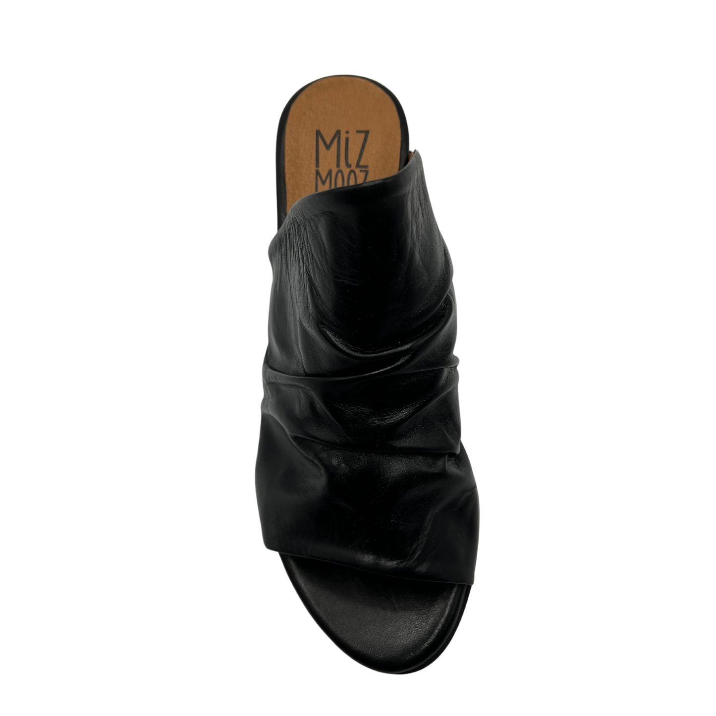 Top view of slouchy leather sandal in black. With a muled heel and open toe.