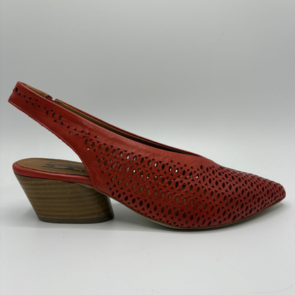Red perforated shoe on a white background