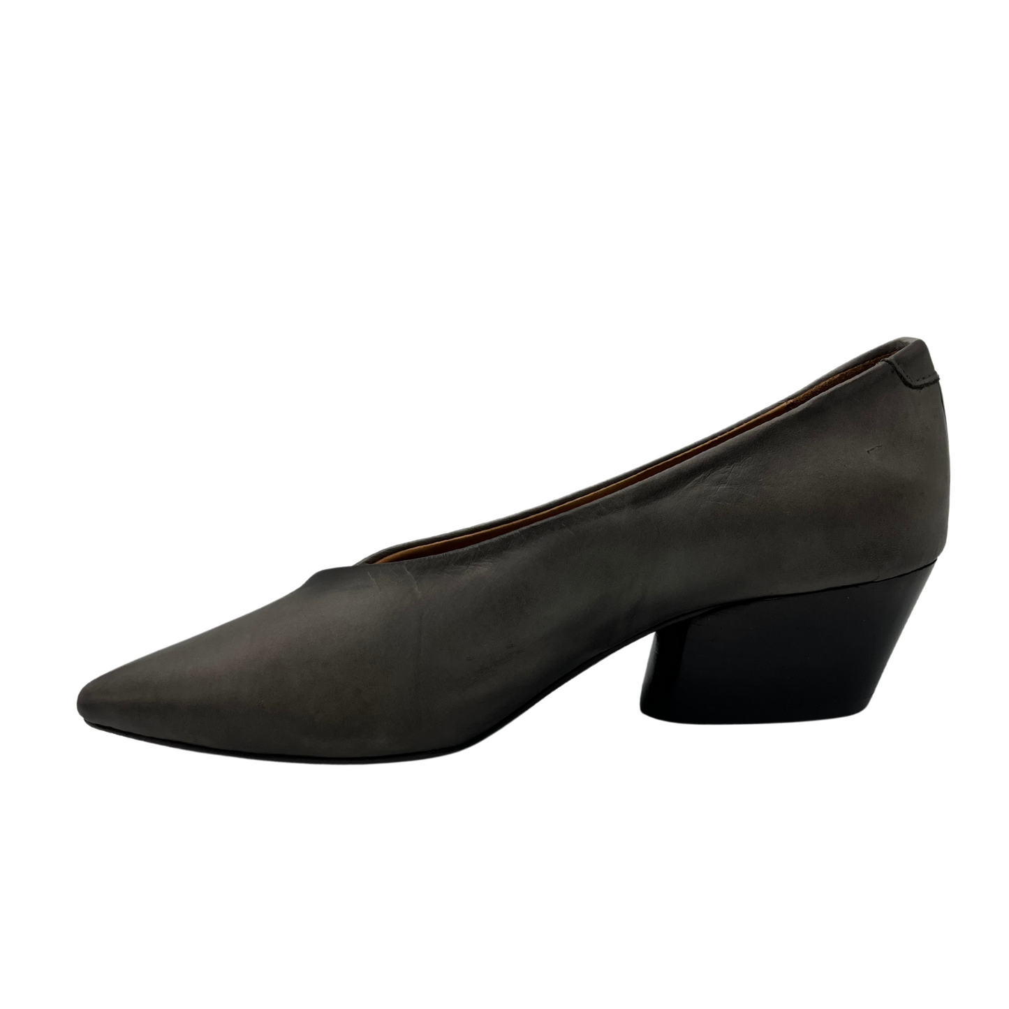 Left facing view of grey leather pump with short thick heel and pointed toe