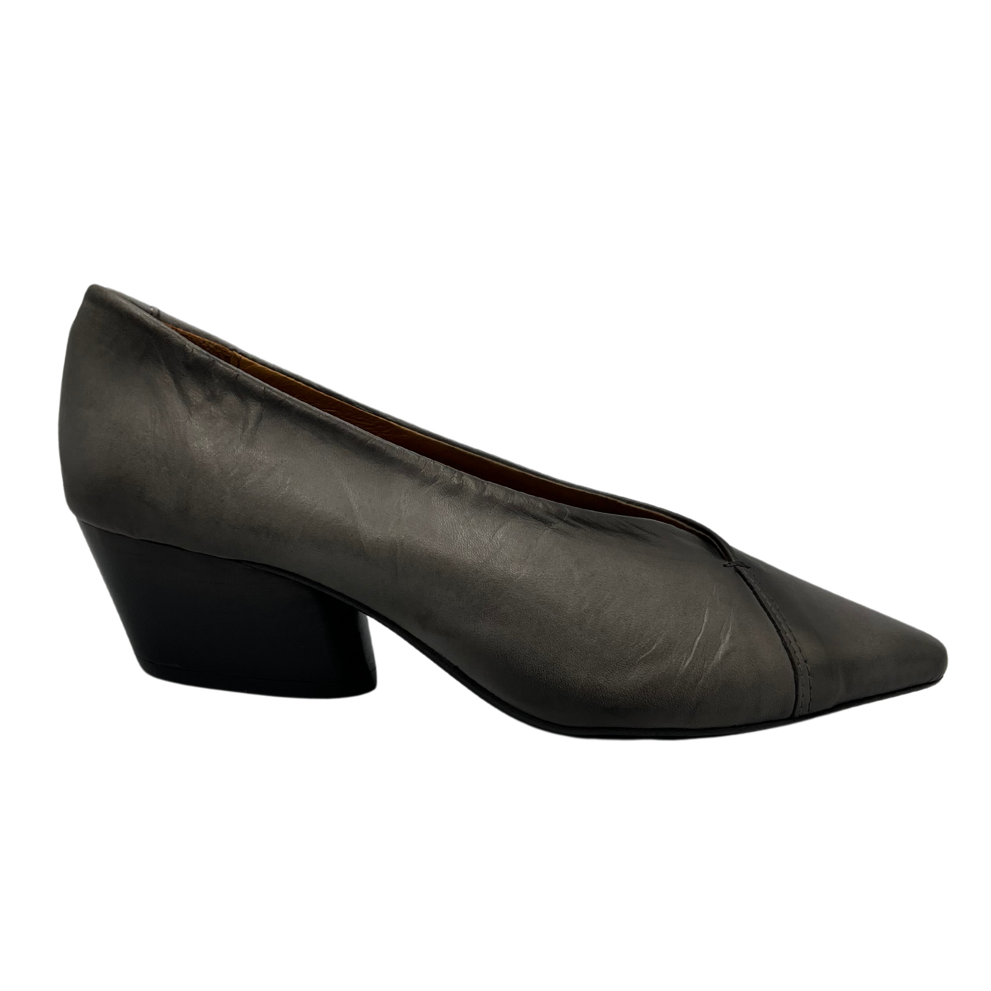 Right facing view of grey leather pump with short thick heel and pointed toe