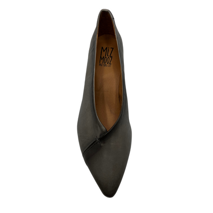 Top view of grey leather pump with short thick heel and pointed toe