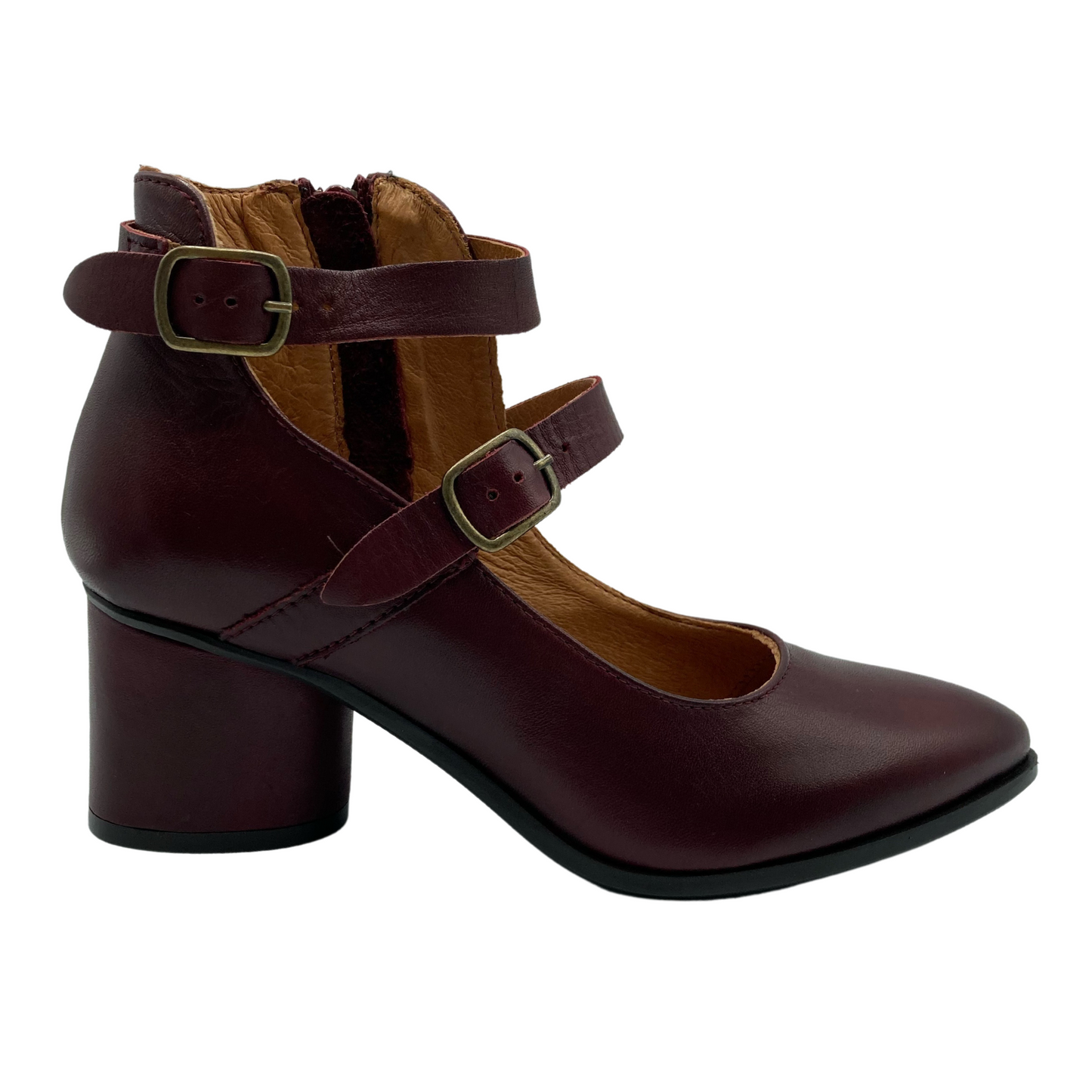 Right facing view of wine coloured leather shoe with pointed toe, block heel and double straps on upper