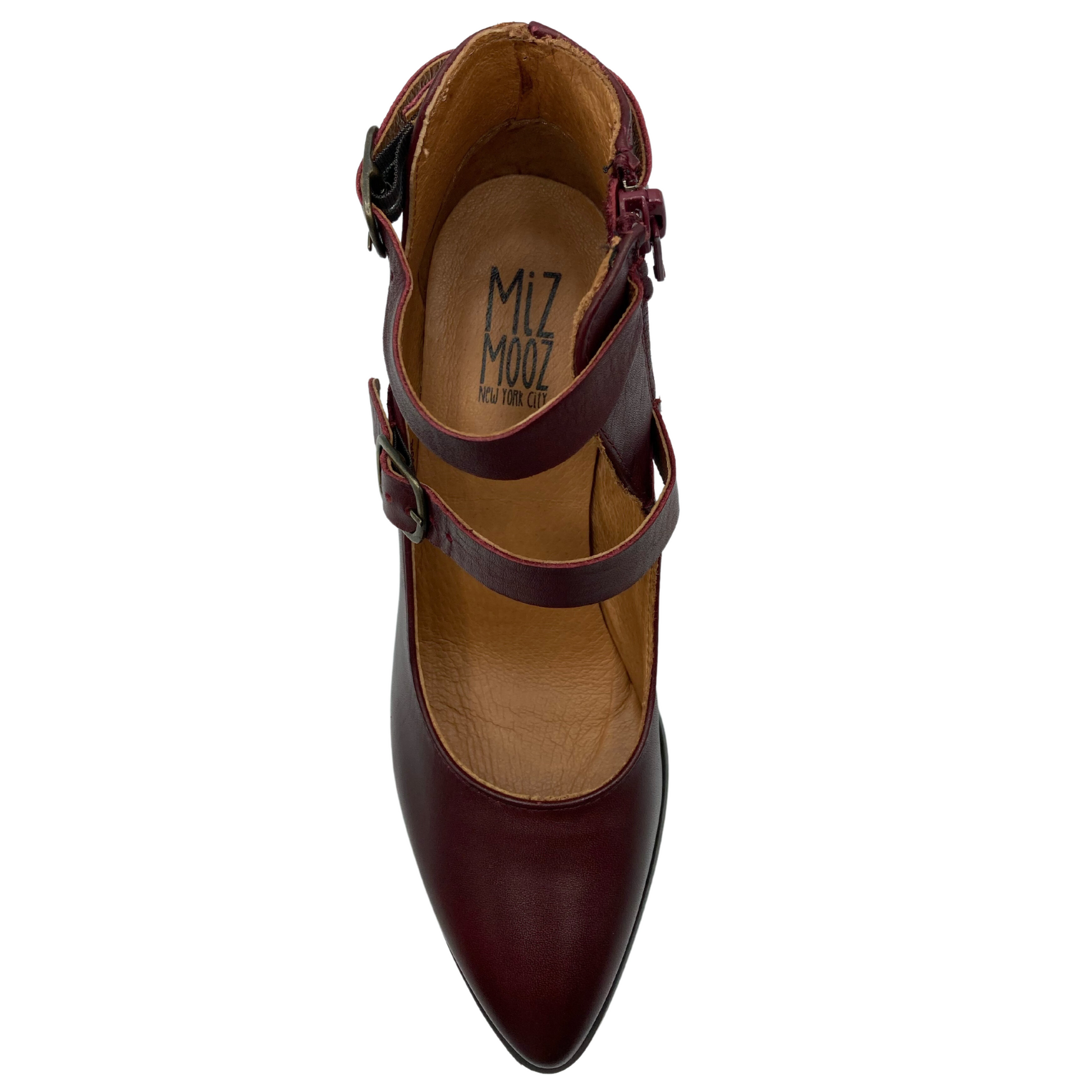 Top view of leather shoe with pointed toe and double strap on upper