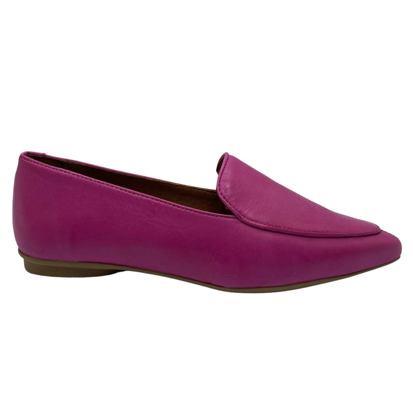 Right facing view of pink leather pointed toe flat with 1/2 inch heel and leather lining