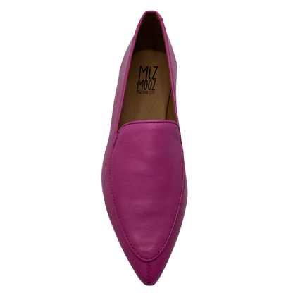 Top view of pointed toe, leather flat with leather lining