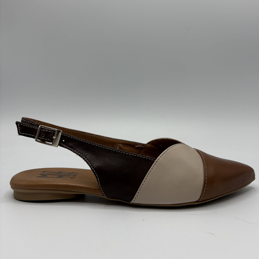 Brown and beige sandal with a buckle on a white background