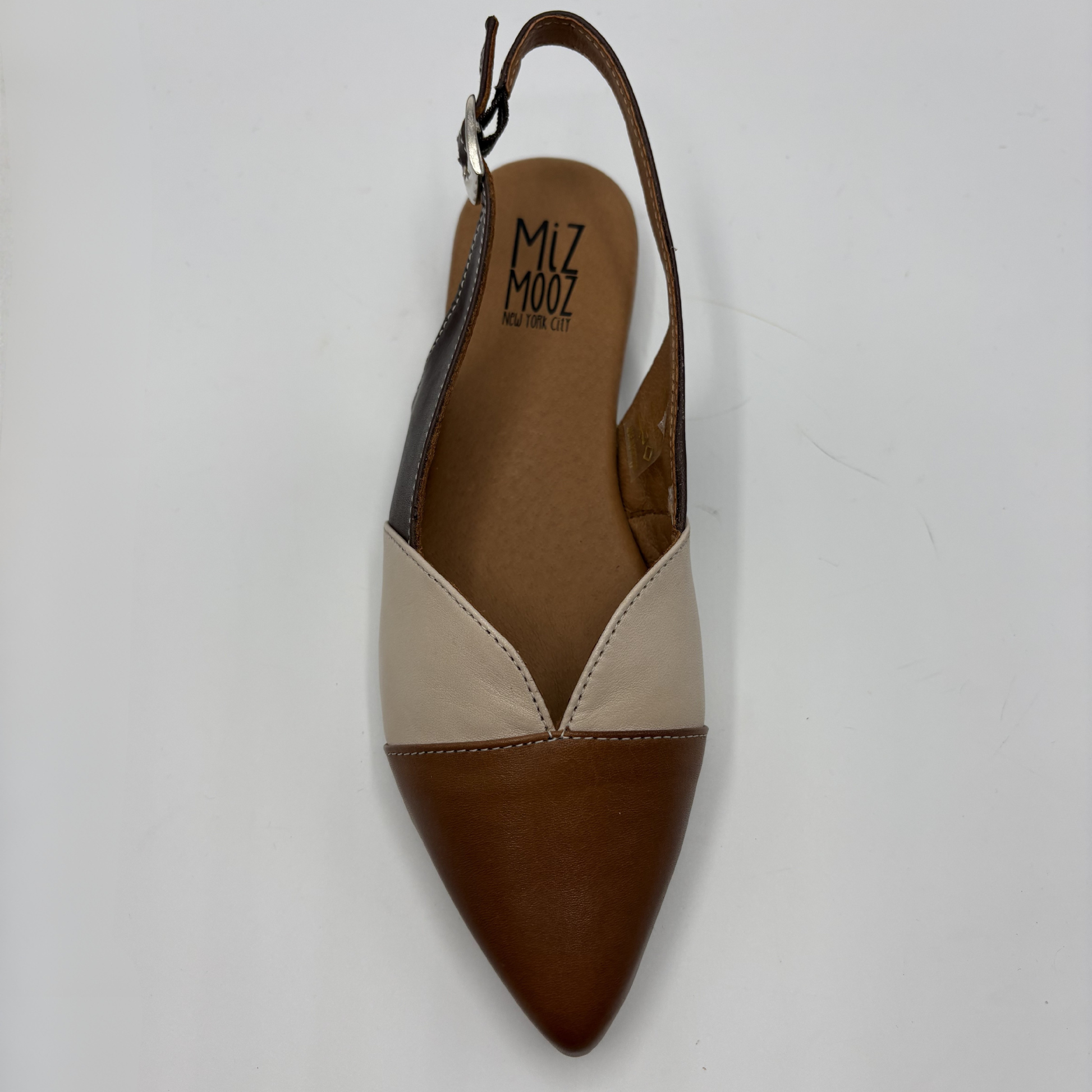 Brown and beige pointed-toe flat shoe with 'Miz Mooz' branding on a white background