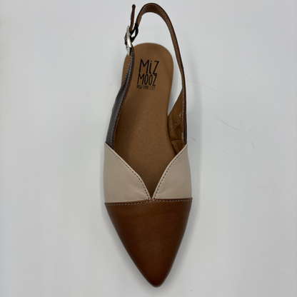 Brown and beige pointed-toe flat shoe with 'Miz Mooz' branding on a white background