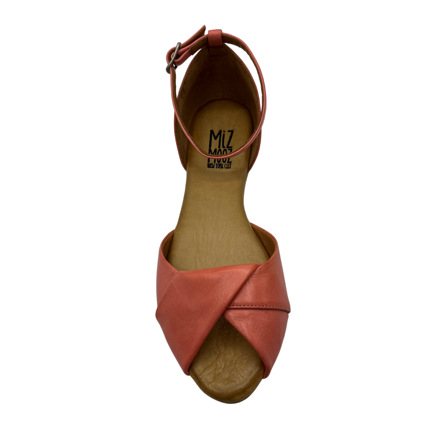 Top view of pink leather ballet flat sandal with buckle ankle strap and peep toe.