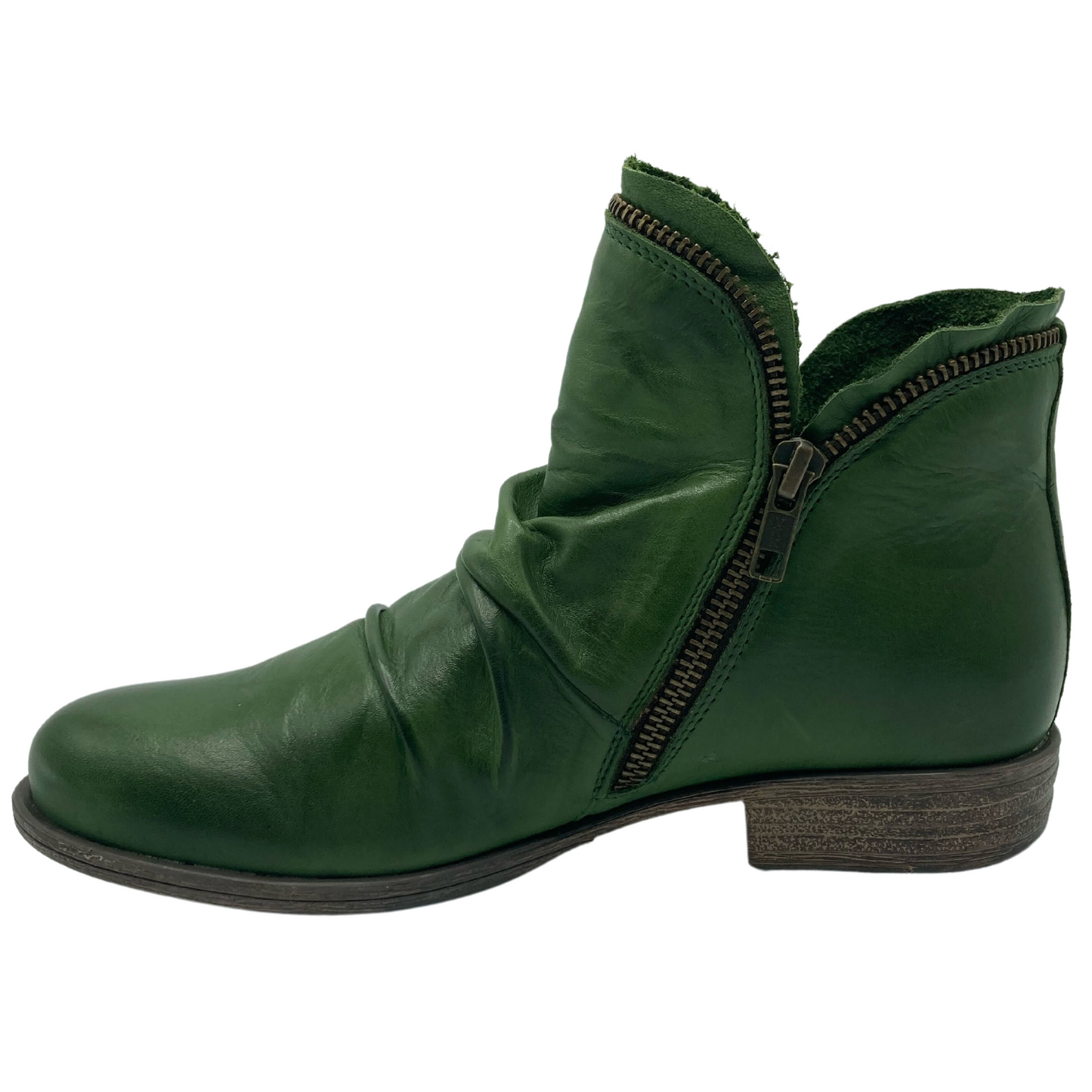 Left facing view of short, green, leather ankle boot with zipper detail and block heel