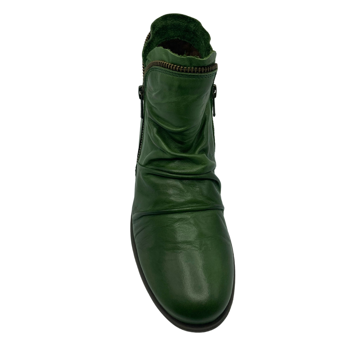Top view of rounded toe, green leather boot with zipper detail