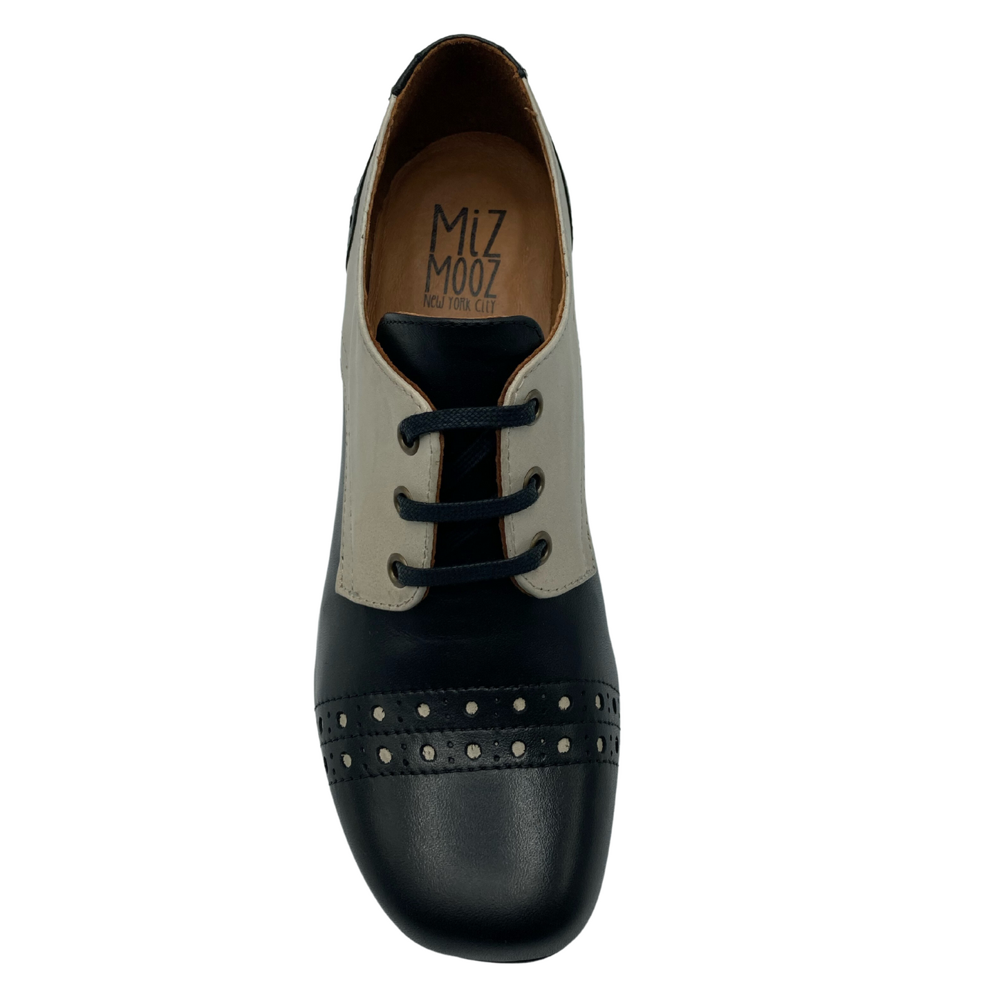 Top view of soft square toed leather oxford with leather lining and black laces