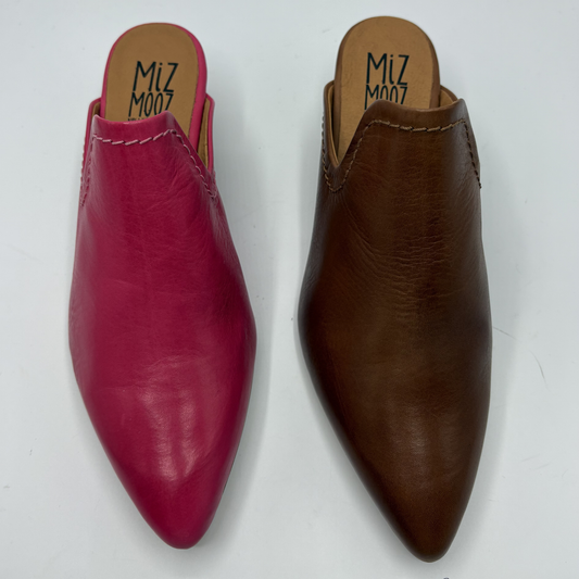 Pink and brown pointed-toe shoes with 'Miz Mooz' branding on a white background