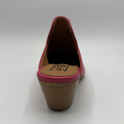 Pink high-heeled shoe with a visible brand name on a white background