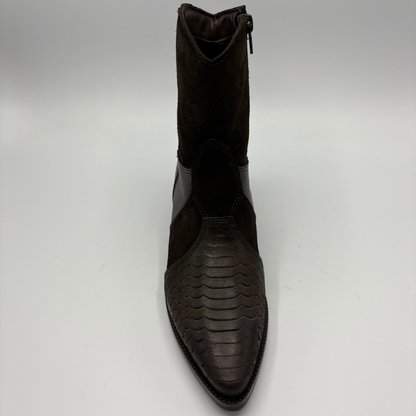 A dark brown ankle boot featuring a snakeskin-textured leather vamp and contrasting smooth leather panels, shown from a front-facing perspective on a light gray background.