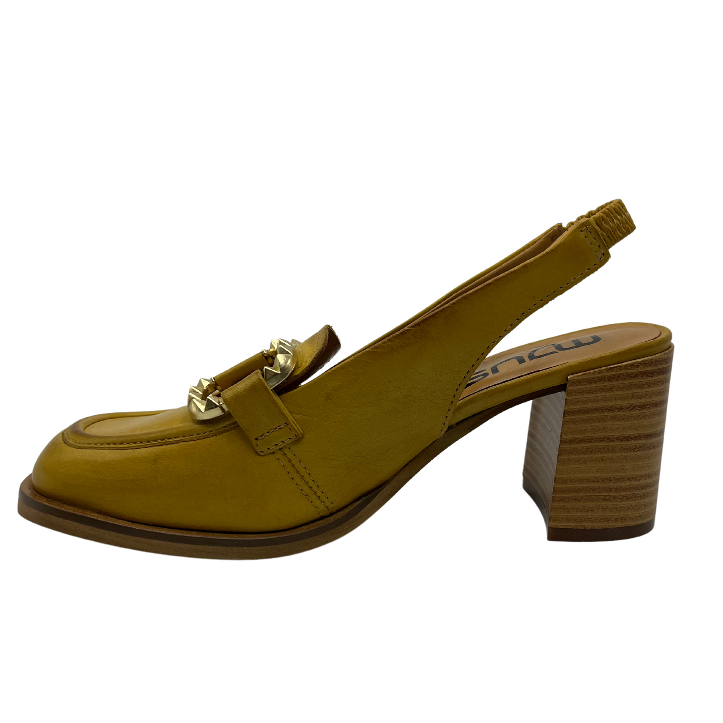 Left facing view of mustard yellow loafer with sling back strap and block heel