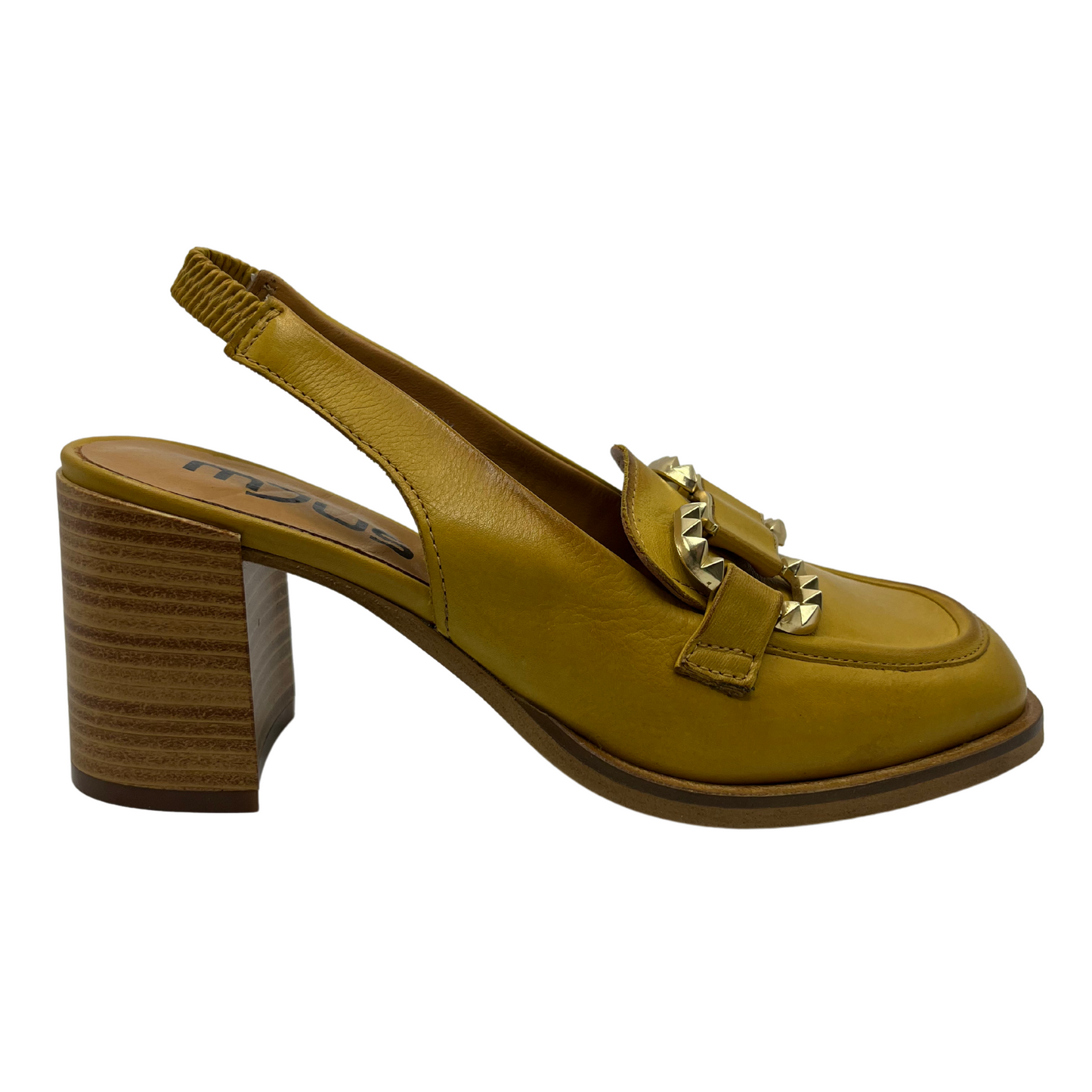 Right facing view of mustard yellow heeled loafer with block heel and slingback strap