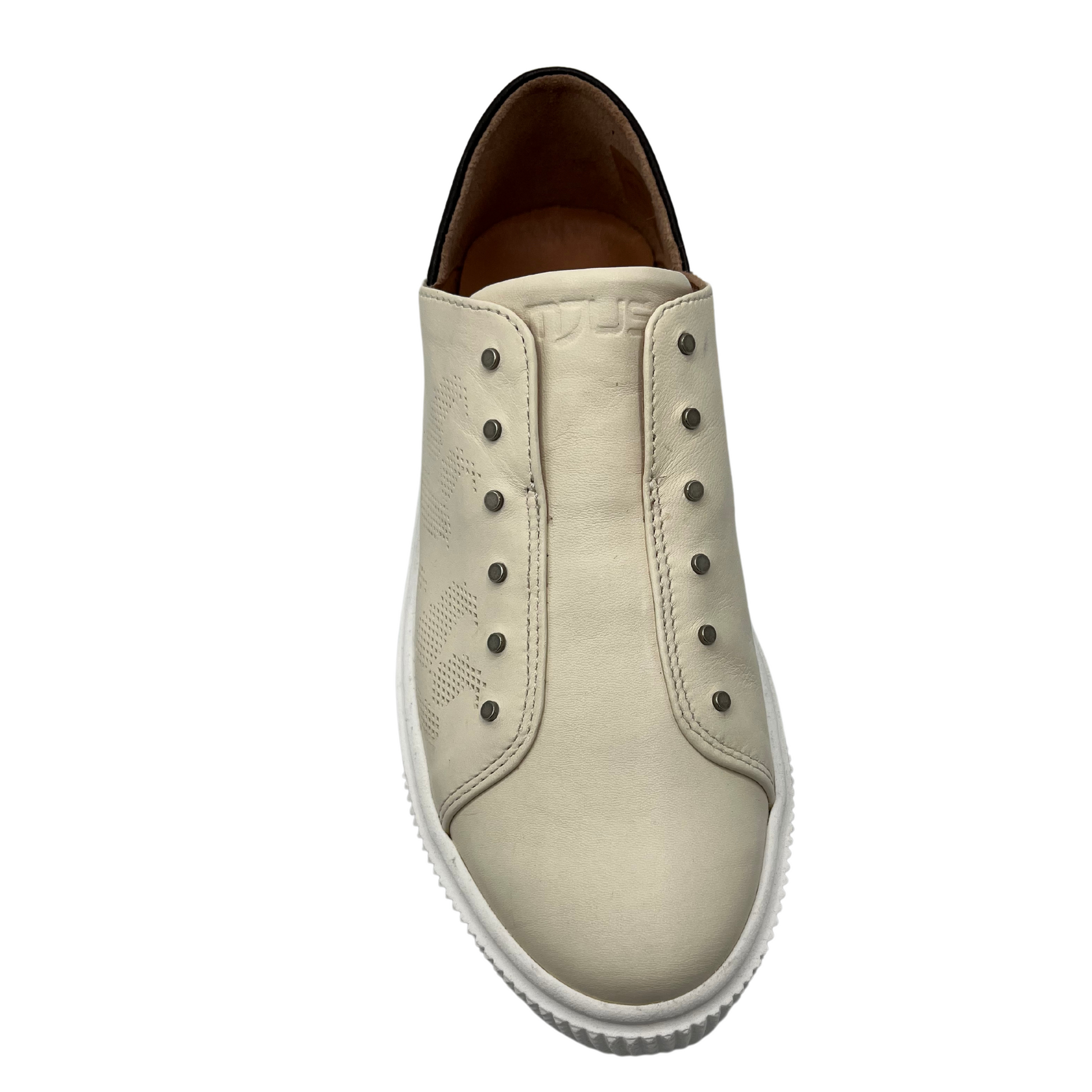 Top view of latte coloured sneaker with white rubber outsole