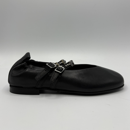Black flat shoe with buckles on a white background