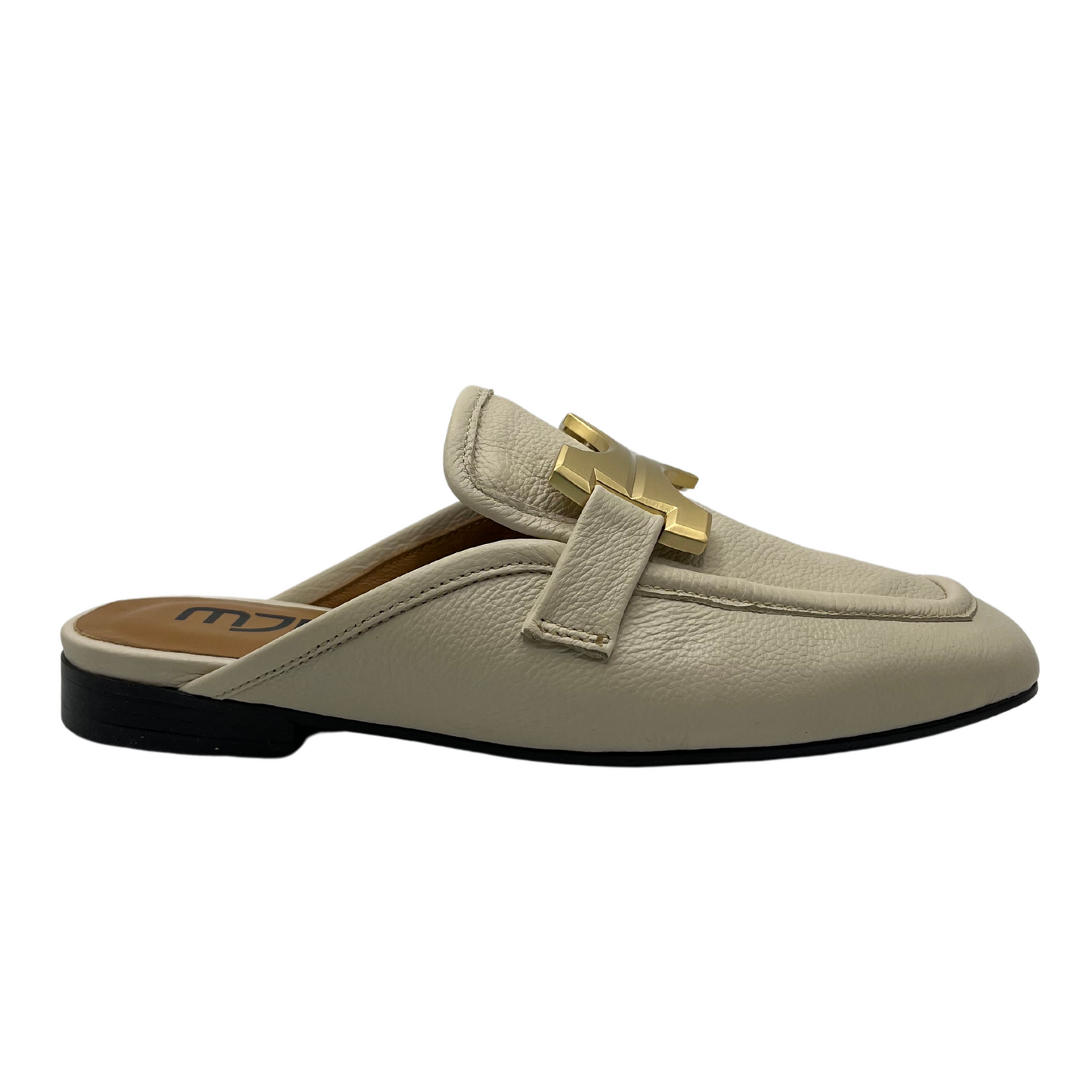 Right facing view of latte leather slip on loafer with short block heel