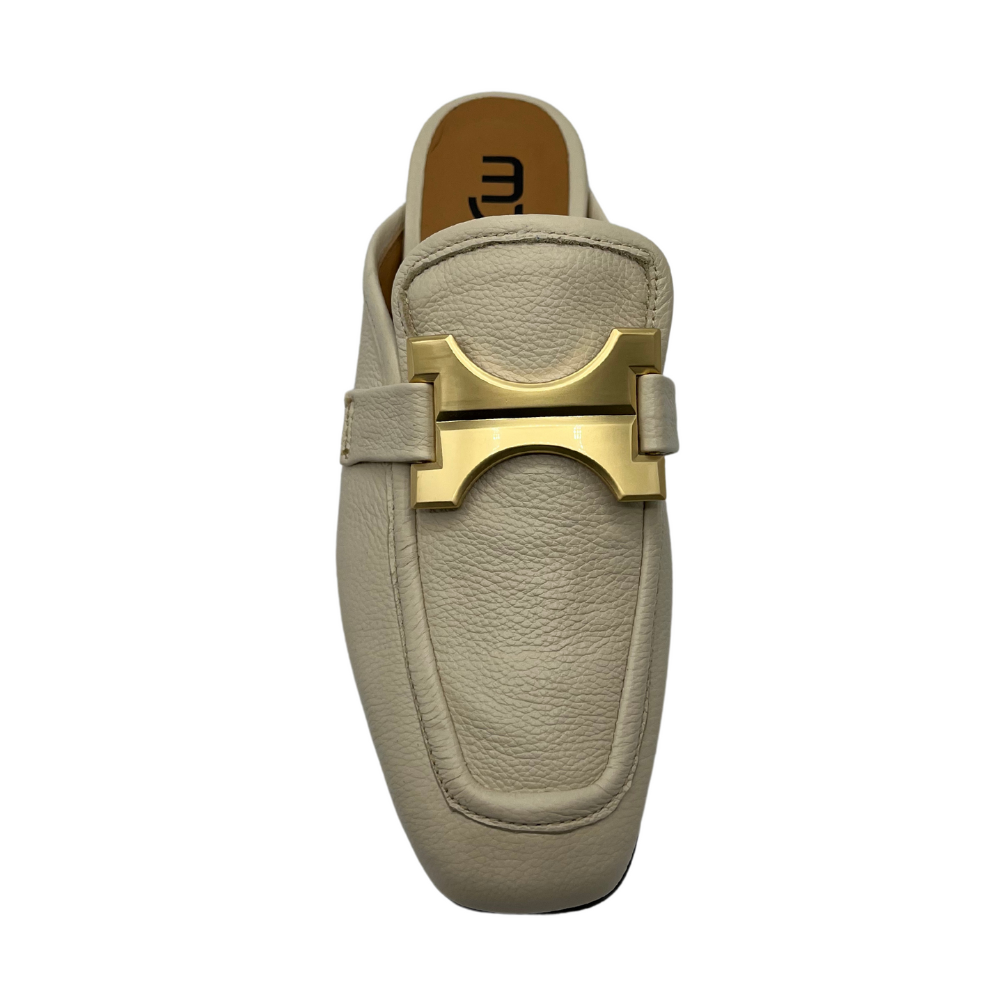 Top view of latte leather loafer with square toe and gold detail