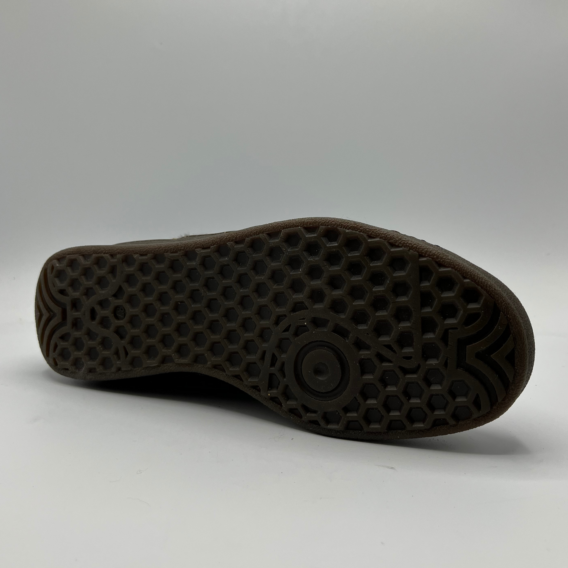 Close-up of a brown shoe sole on a gray background