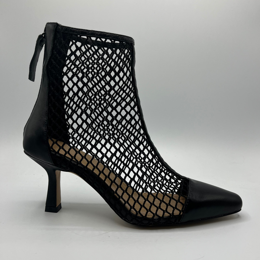 Right facing view of a black mesh heeled boot
