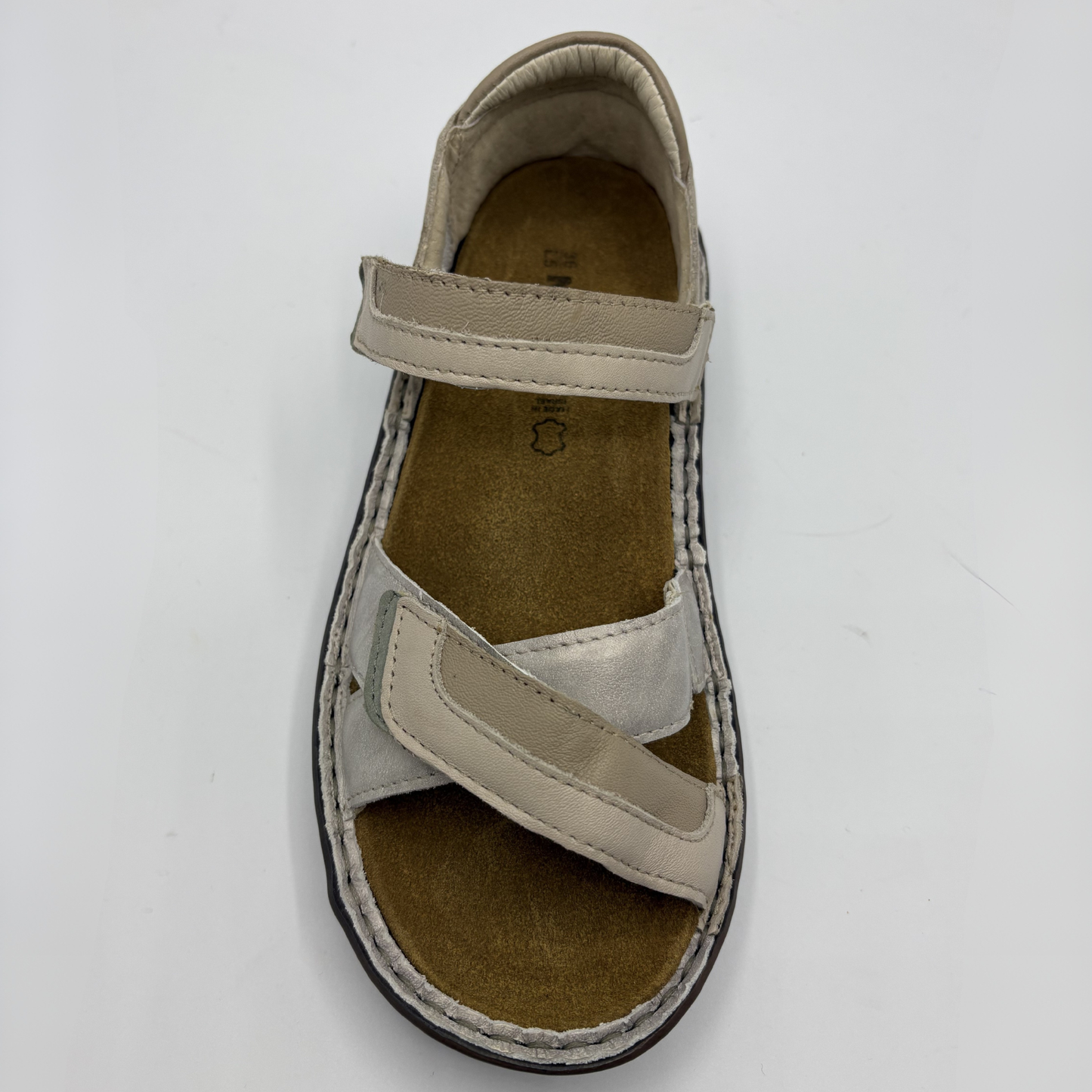Top view of a taupe sandal