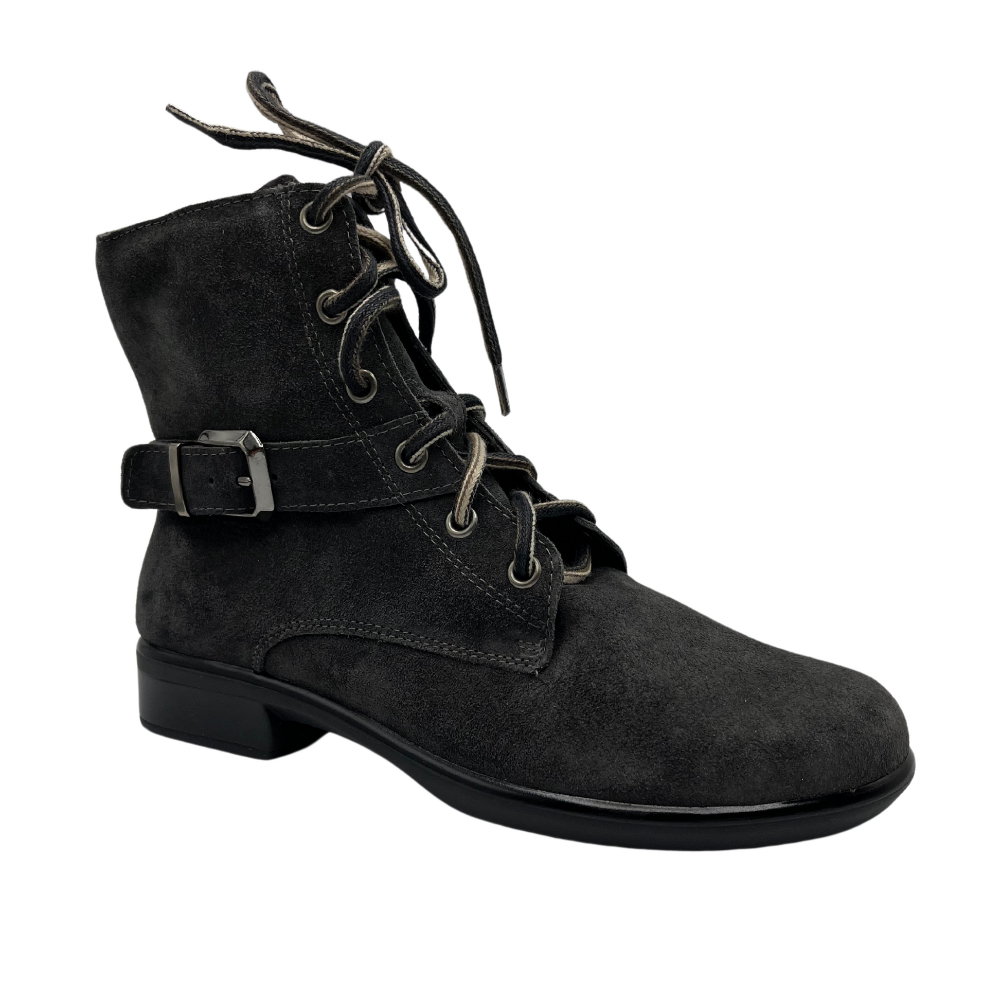 45 degree angled view of grey suede short boots with faux side buckle, lace up front and sturdy block heel
