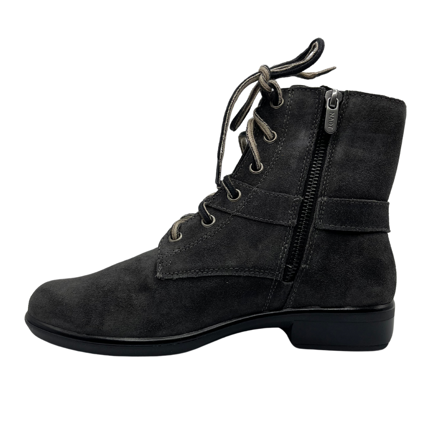 Left facing view of grey suede short boots with faux side buckle, lace up front and sturdy block heel