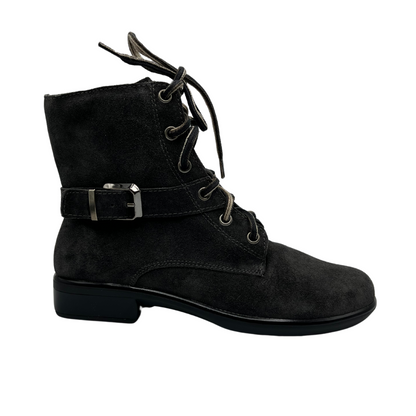 Right facing view of grey suede short boots with faux side buckle, lace up front and sturdy block heel