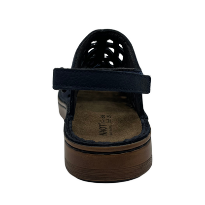 Back view of blue cut out design sandal with velcro ankle strap, low heel and open toe