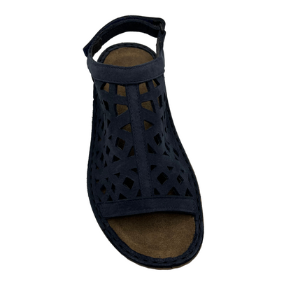 Top view of blue cut out design sandal with velcro ankle strap, low heel and open toe