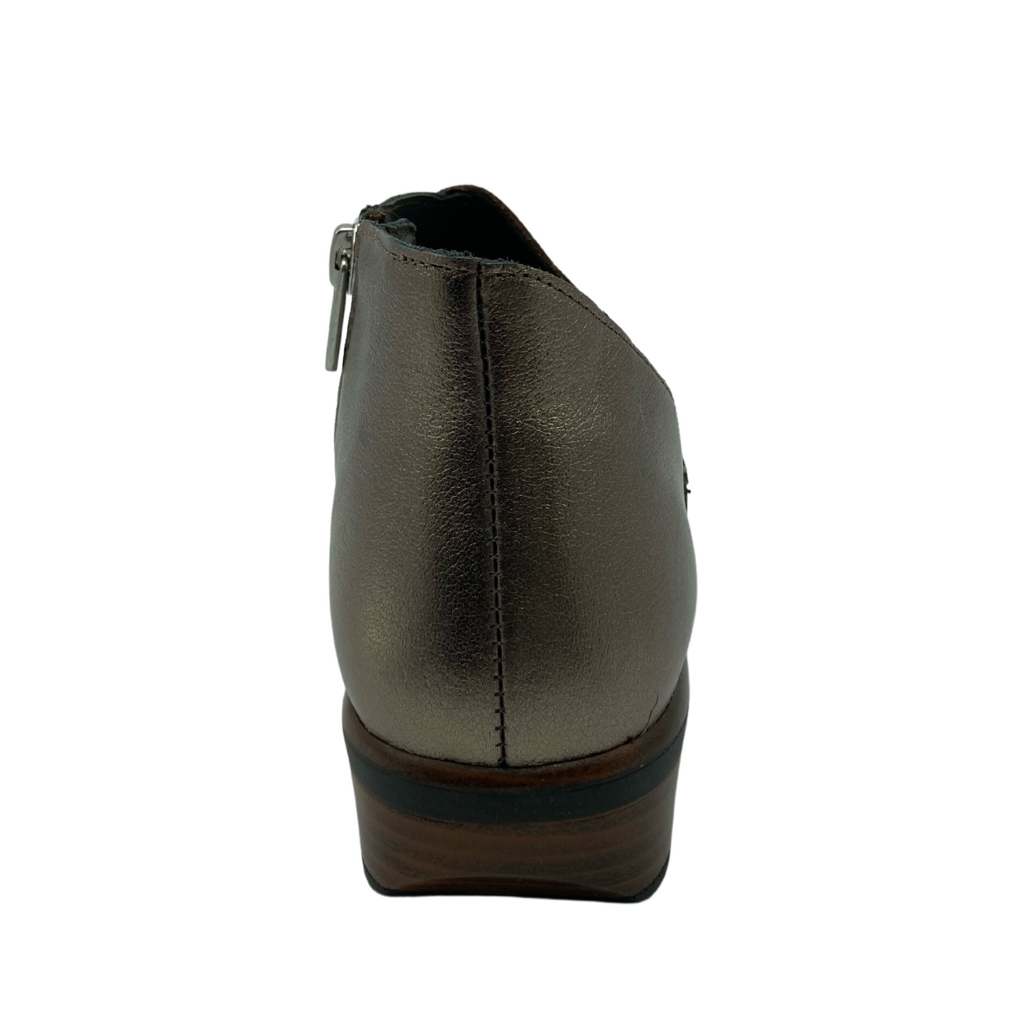 Back view of copper coloured leather ankle bootie with block heel and silver side zipper