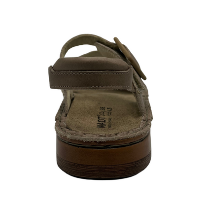 Back view of khaki leather sandal with velcro toe strap, padded collar and suede lined footbed