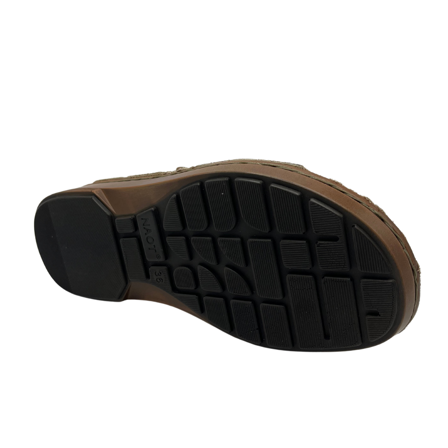 Bottom view of khaki leather sandal with velcro toe strap, padded collar and suede lined footbed