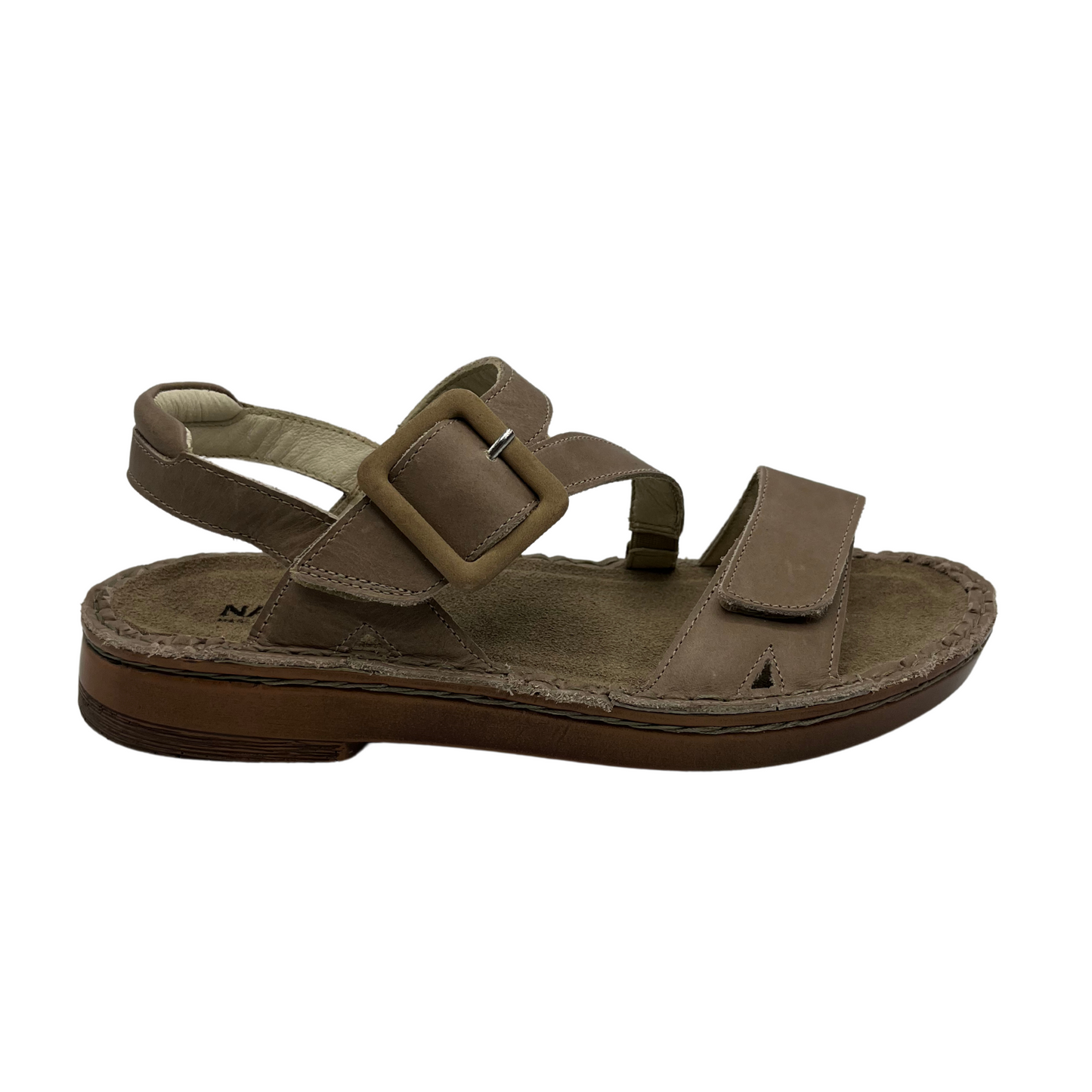 Right facing view of khaki leather sandal with velcro toe strap, padded collar and suede lined footbed