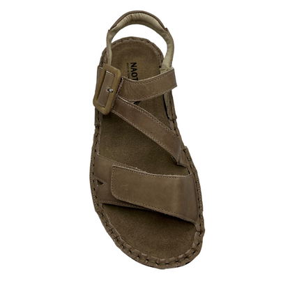 Top view of khaki leather sandal with velcro toe strap, padded collar and suede lined footbed