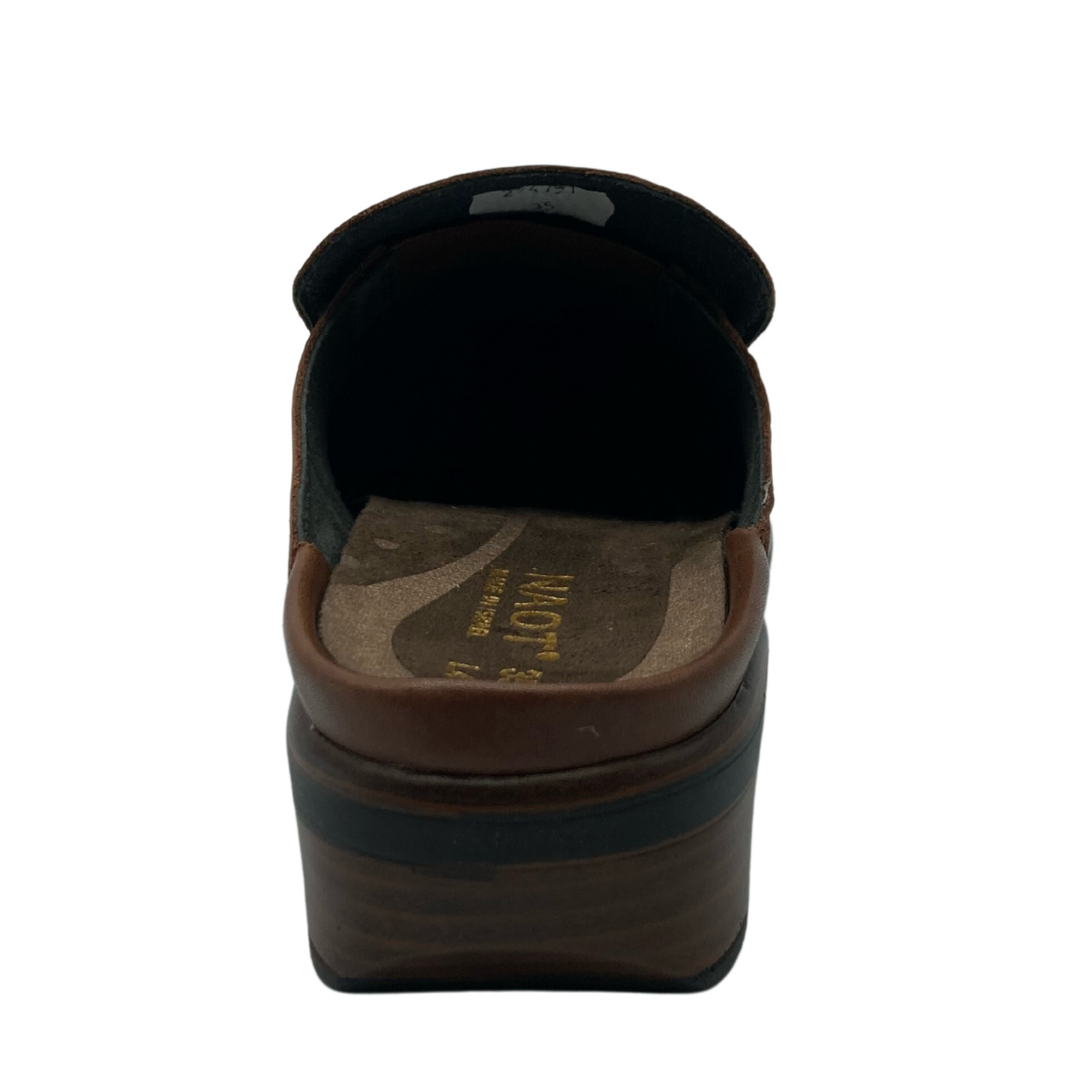 Heel view of brown leather slide loafer with block heel
