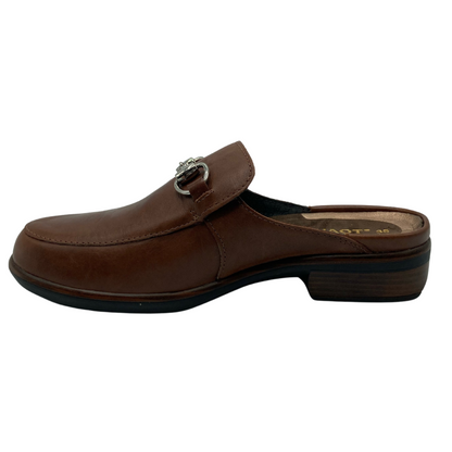 Left facing view of brown leather slide loafer with silver bit detail on upper