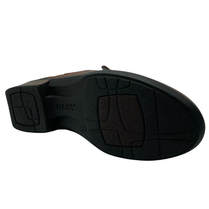 View of the bottom of brown leather slide loafer with black rubber sole